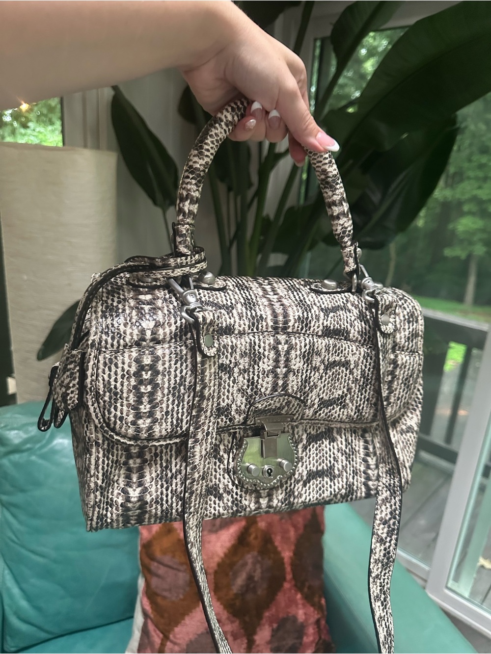 Talbots Black and White Snake-Print Satchel